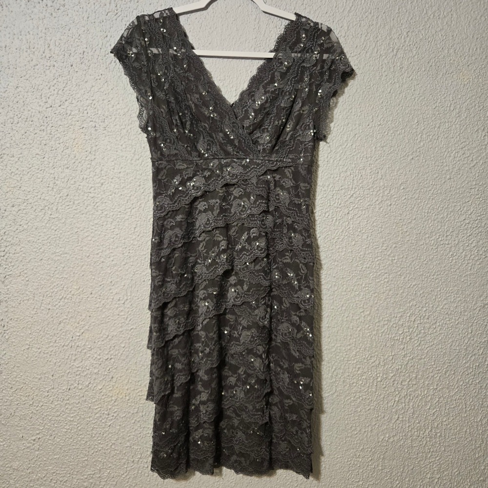 Blu Sage Sequin Lace Tiered Cocktail Dress 6 Gray Wedding Guest Evening Glam
